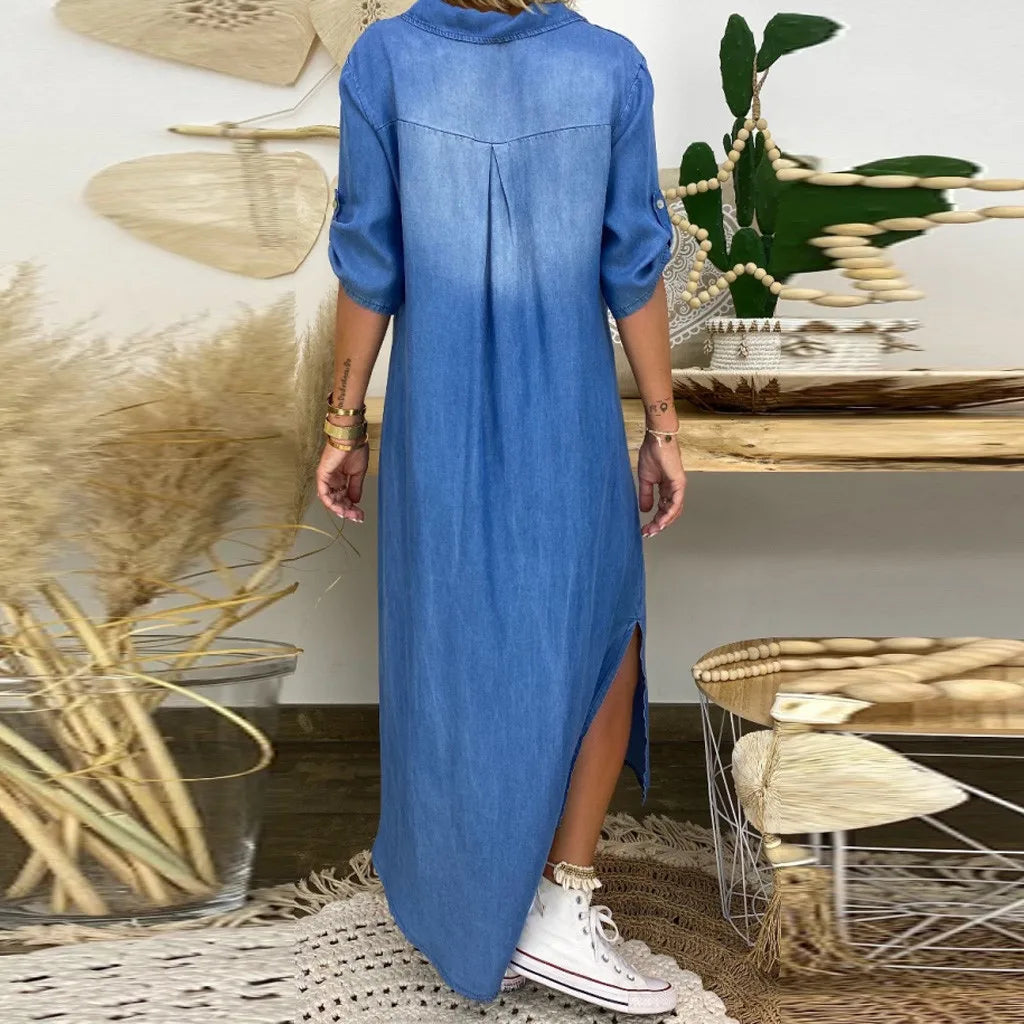 NOREEN | LONG DENIM DRESS WITH SIDE SLITS