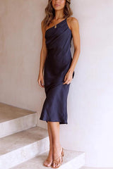 SANDRA | ELEGANT RUCHED ONE-SHOULDER MIDI DRESS