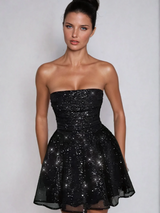 AMELIA | BACK-KNOT STRAPLESS GLITTER MINI DRESS