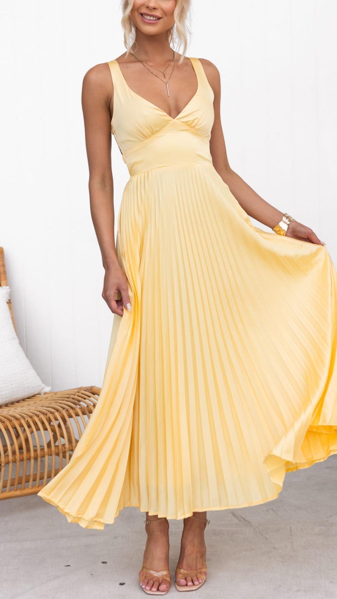 ANNABELLA | YELLOW PLEATED V-NECK MAXI DRESS