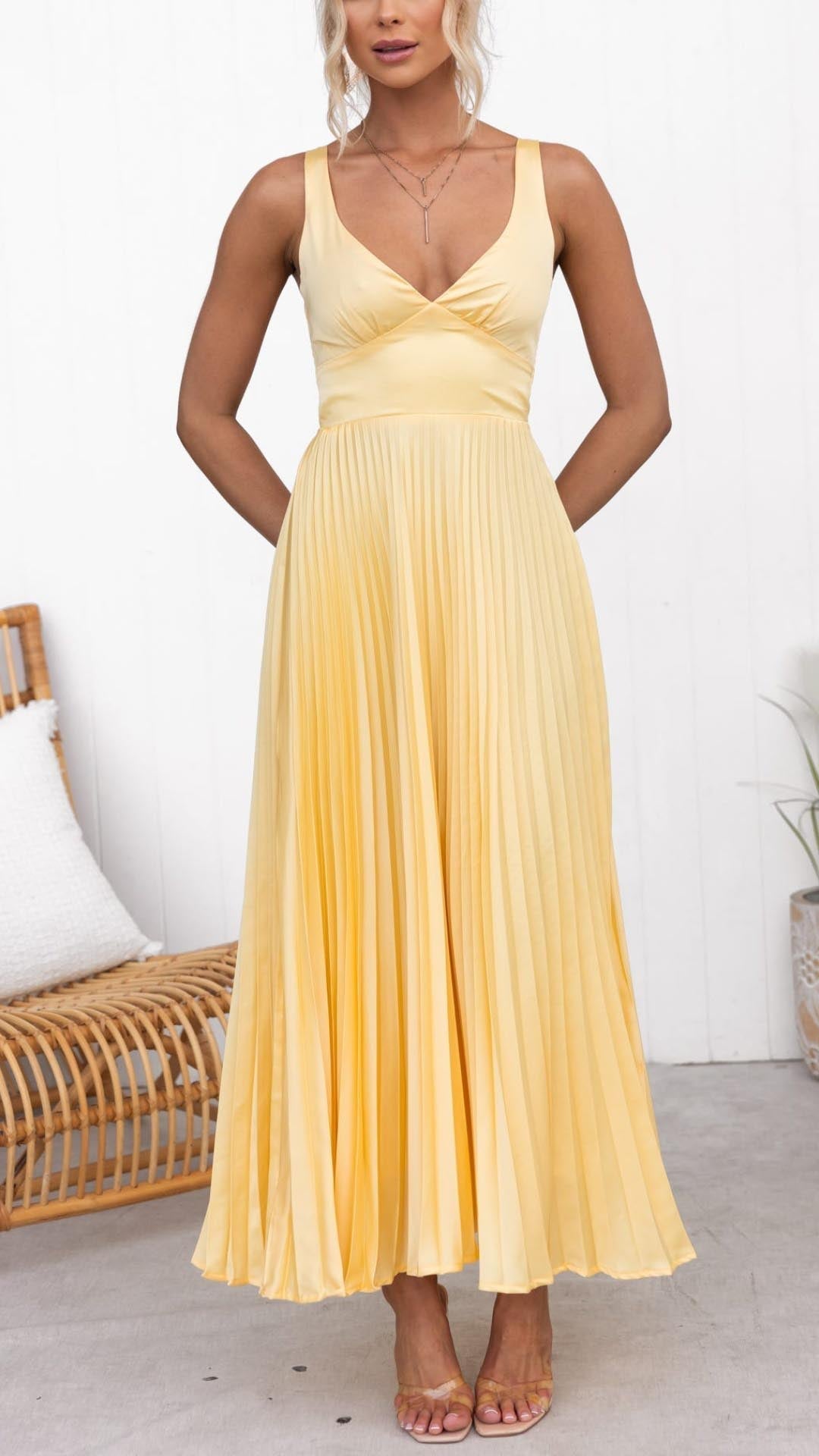 ANNABELLA | YELLOW PLEATED V-NECK MAXI DRESS