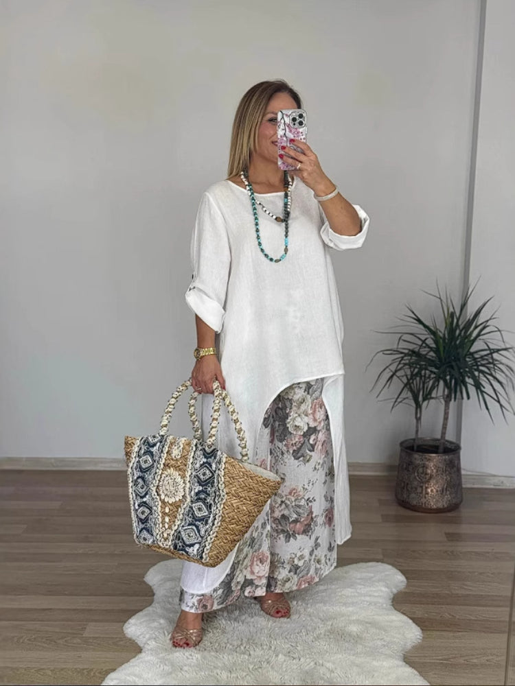 CALLIOPE | CASUAL COTTON-LINEN SET WITH WIDE-LEG TROUSERS