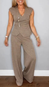 DINA | CASUAL V-NECK BUTTONED TWO-PIECE SET