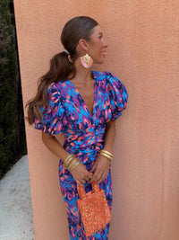 ROSALIND | COLOURFUL MIDI DRESS WITH PLEATED SLEEVES
