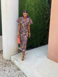 ROSALIND | COLOURFUL MIDI DRESS WITH PLEATED SLEEVES