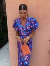 ROSALIND | COLOURFUL MIDI DRESS WITH PLEATED SLEEVES